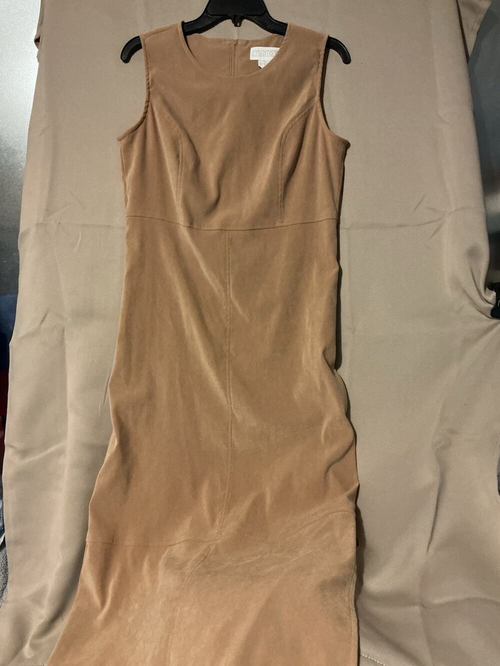 Studio C Dress Long SZ 10 Stretch Faux Suede Slit Legging Sides Brown Sleeveless